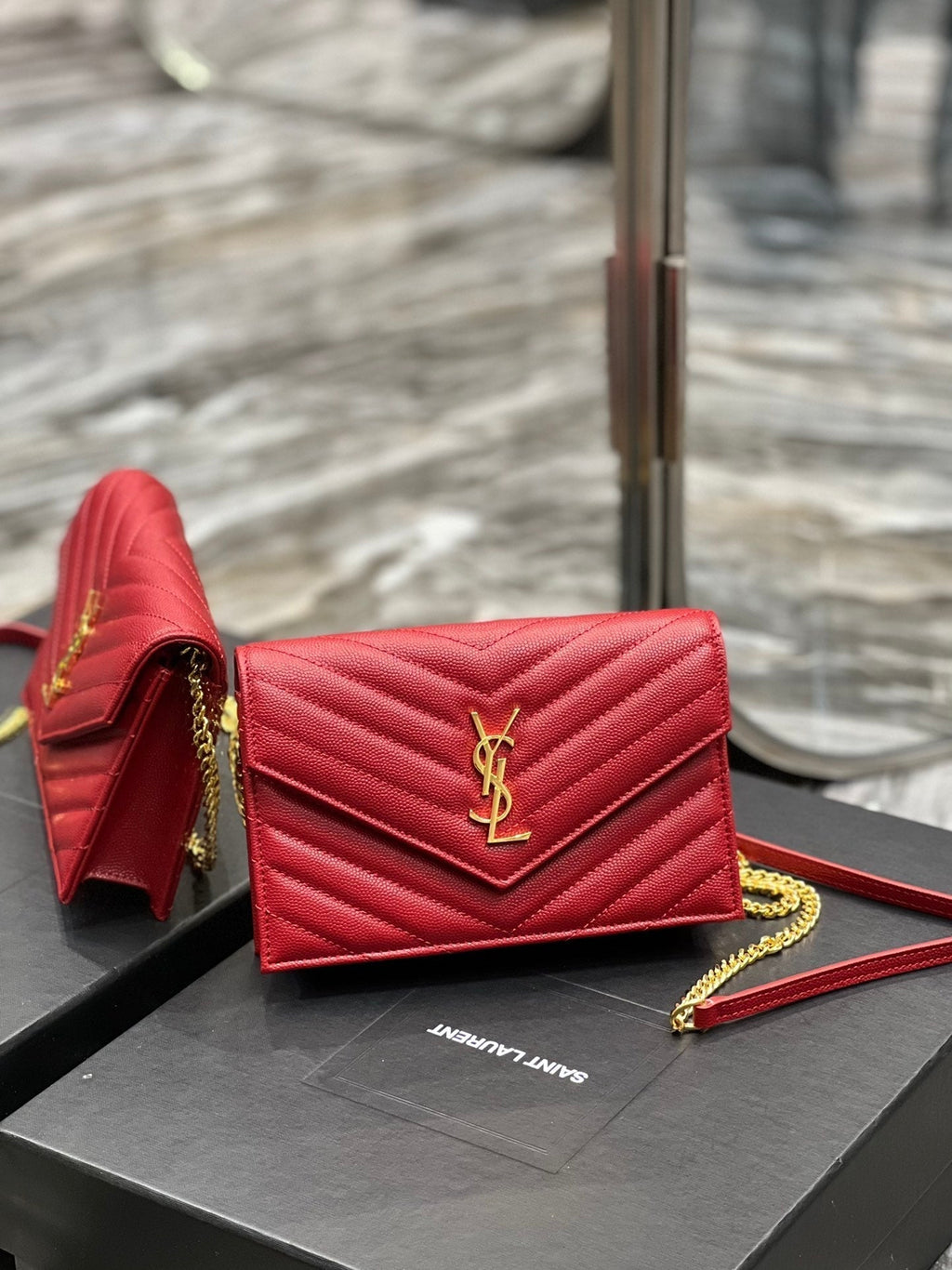 Saint Laurent Yl WOC 19 Red Cheveron Caviar Gold Hardware