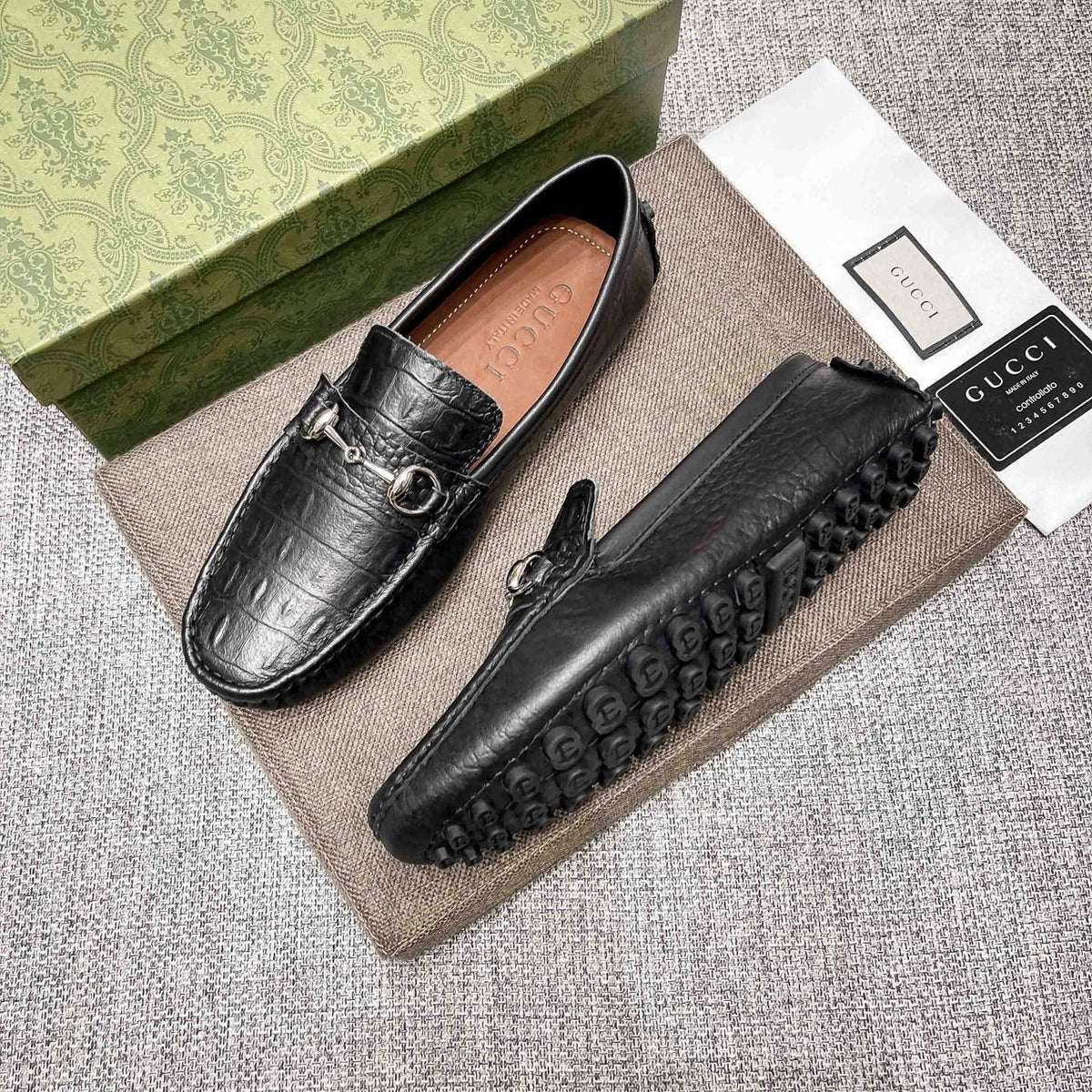 Gucci Black Textured Loafers — side