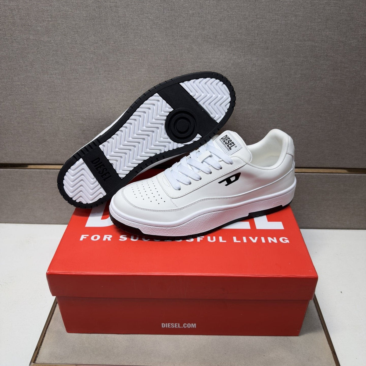 DIESEL White and Black Low-Top Sneakers — side