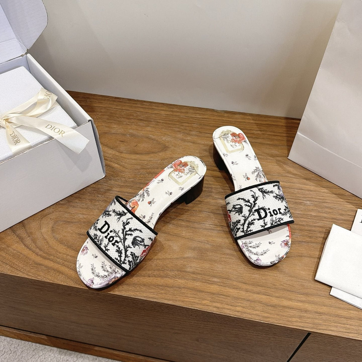 Dior Floral Embroidered Block-Heel Slide Sandals — side