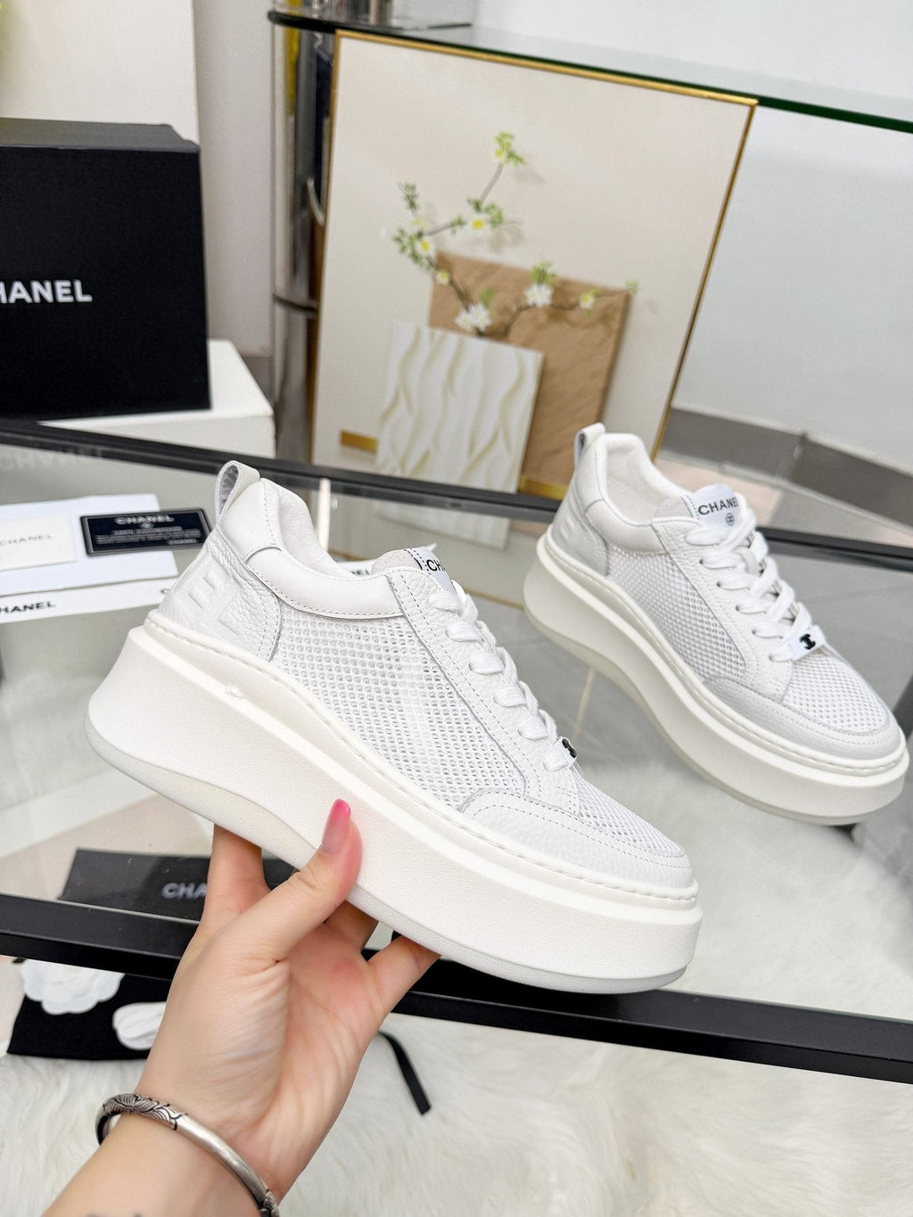 CHANEL White Platform Low-Top Sneakers — model