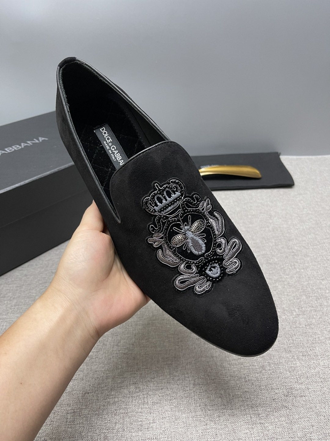 Dolce & Gabbana Crown Embroidered Loafers — model